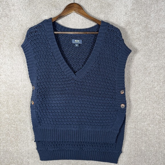 Maeve Sweater Vest Womens Medium Blue Open Knit V Neck Side Button Tunic Chunky - Picture 4 of 13